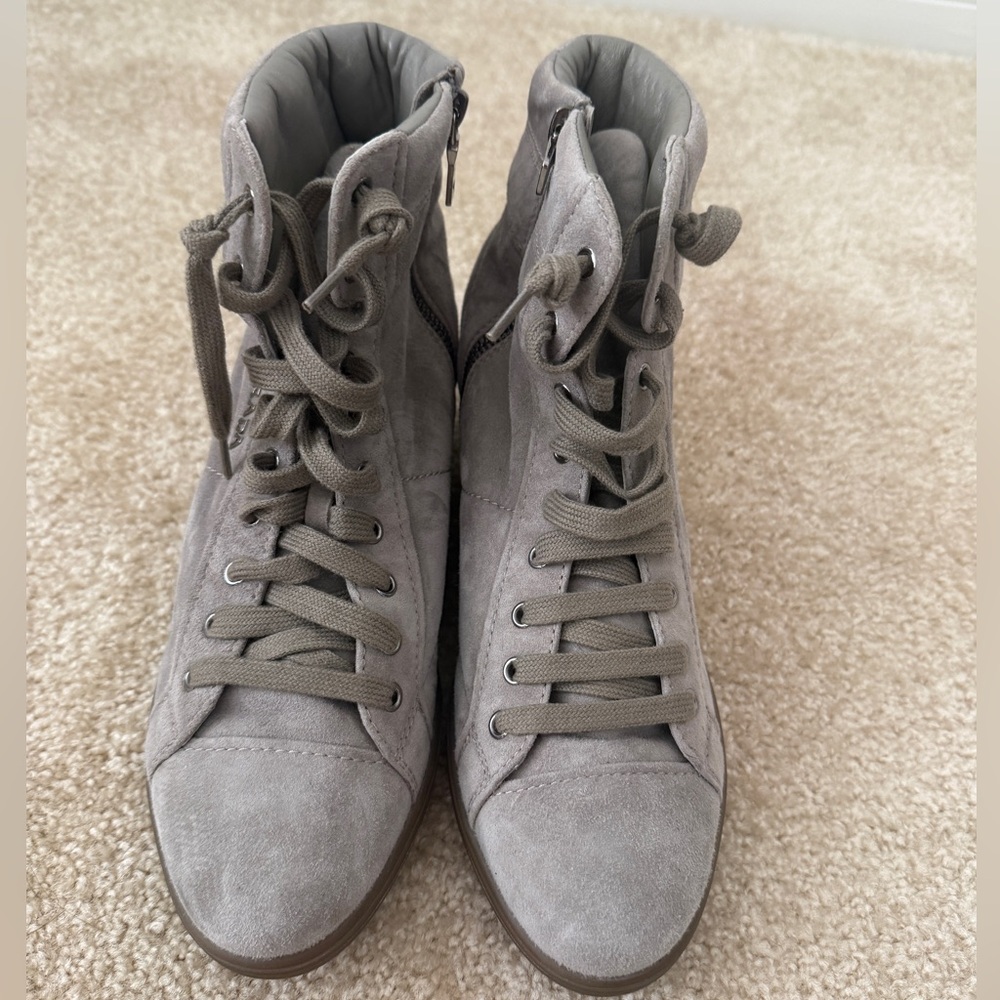 Prada Women's Gray Suede wedge High-Top Sneakers - Picture 3 of 8